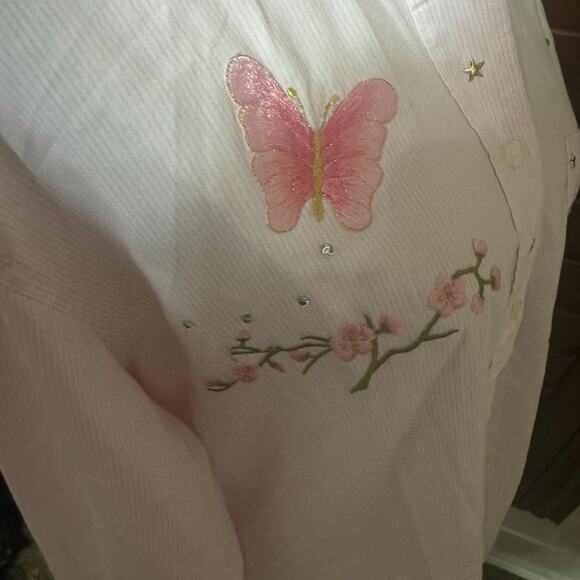Vintage 90s Las Olas Butterfly Embroidered Pink Striped Shirt Womens L button up - Picture 4 of 8